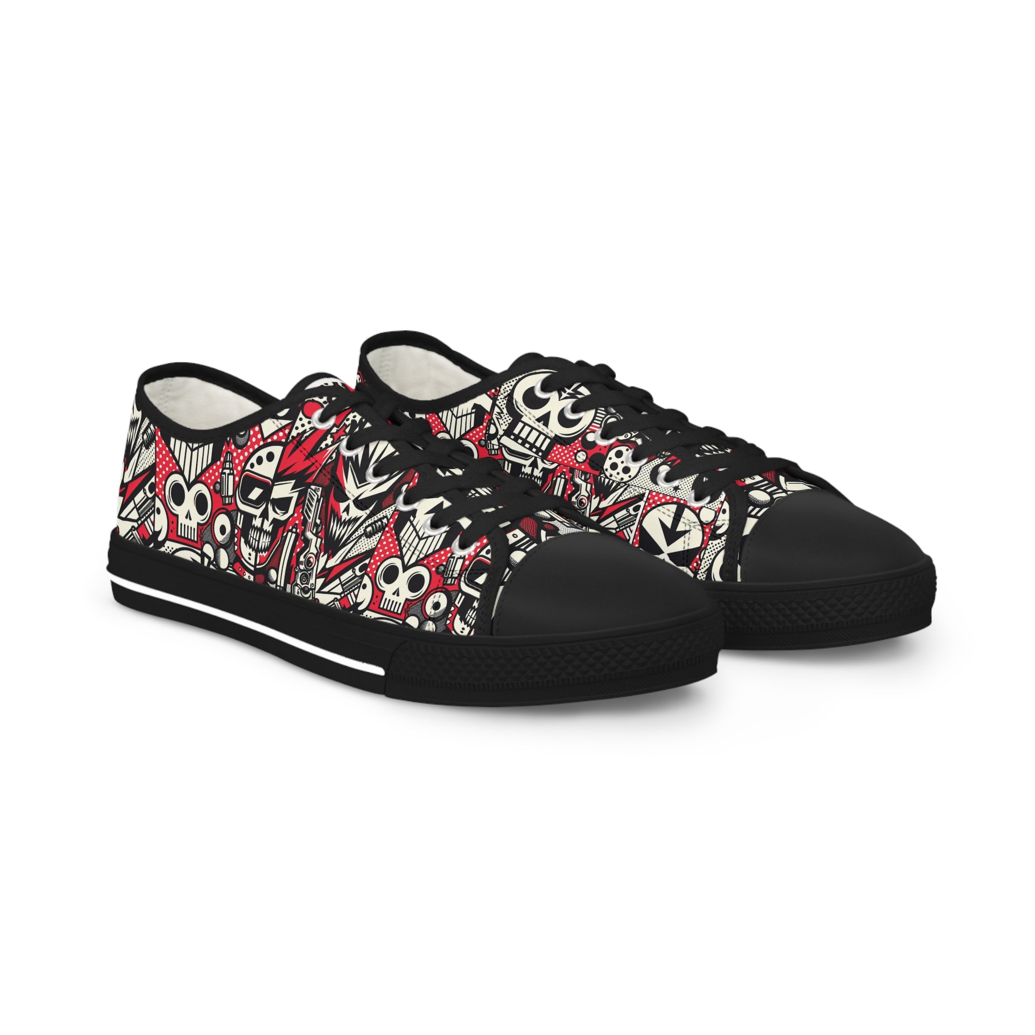 The Aurelia Strozzi - Men's Lowtop Sneakers by Printify are casual black sneakers adorned with a lively, colorful design featuring various cartoonish skulls, geometric shapes, and abstract elements in red, white, and black. These Pop art sneakers come with black laces and have white midsoles with black outsole detailing.